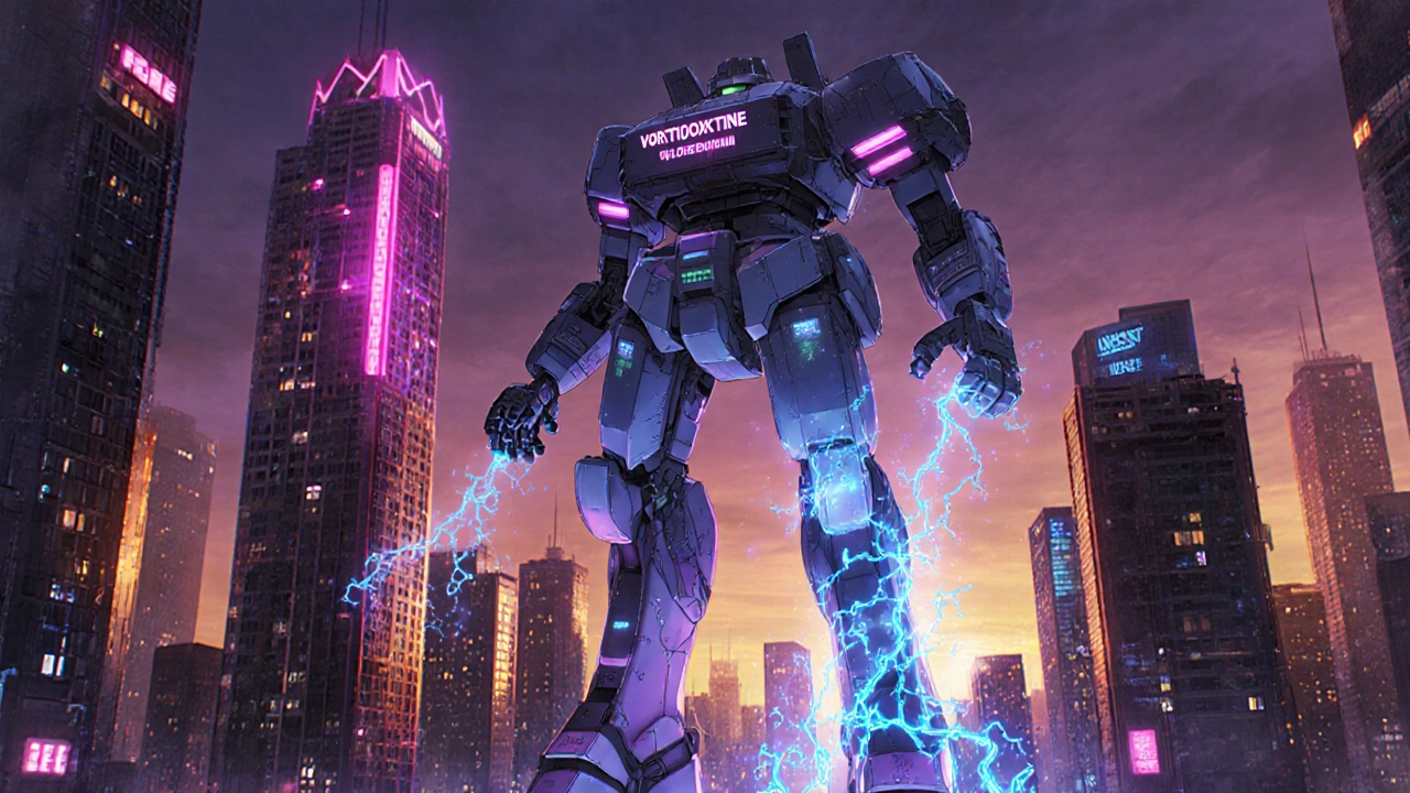 A cyber‑city brain at dusk with neon serotonin and dopamine streams guided by a large Vortioxetine mecha.