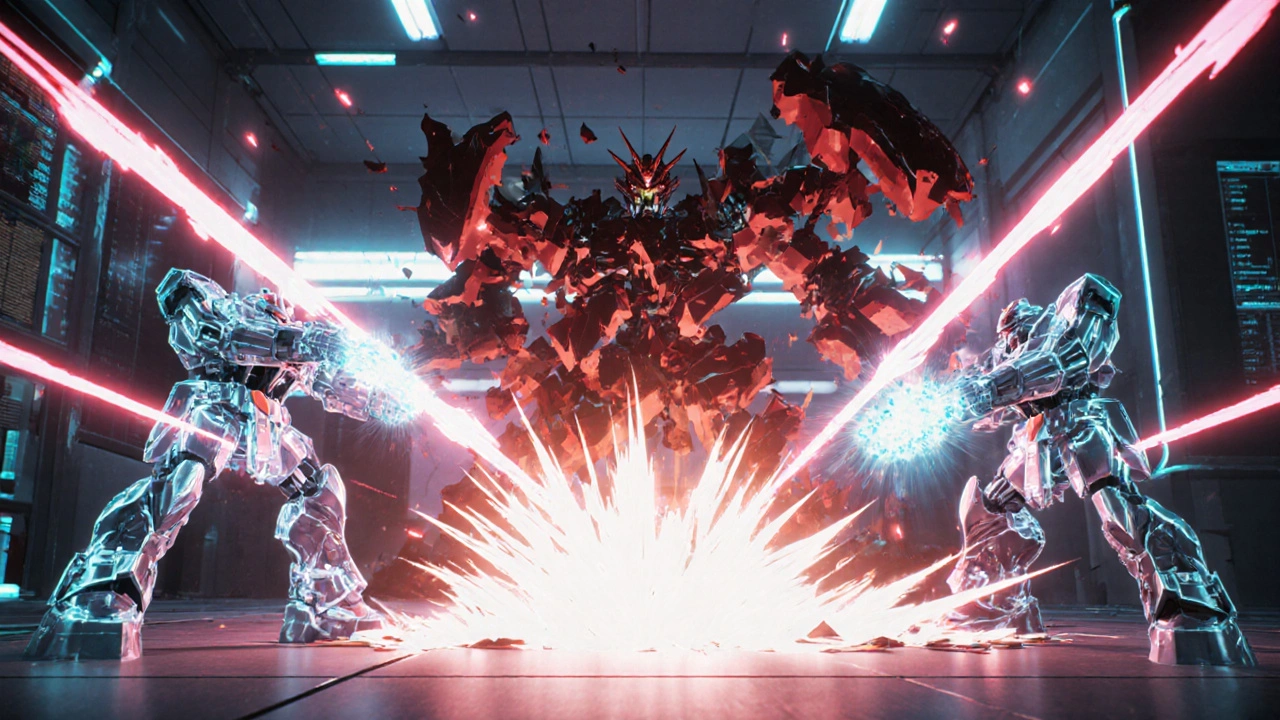 A fragmented autoimmune flare mech attacked by four crystalline alternative mechs in a neon-lit hospital with glowing energy beams.