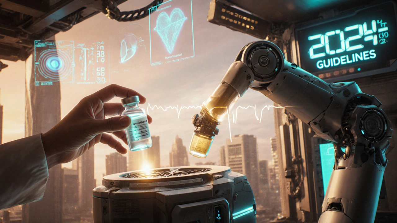 A hand placing hydroxychloroquine into recycling as methotrexate is delivered, with holographic health monitors glowing nearby.