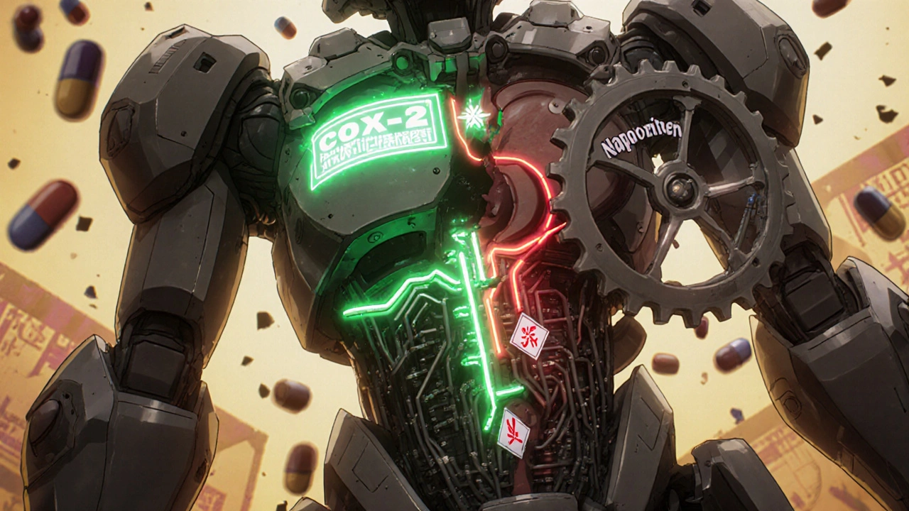 A medical mech's chest revealing COX-2 inhibition circuits, with glowing pathways showing stomach safety and heart risks.
