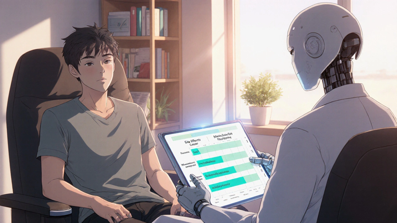 An adult patient talks with a friendly mecha doctor in a warm clinic, discussing Vortioxetine benefits.