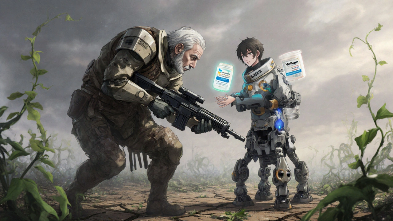 An elderly warrior accepting a new mech and topical gel drone, as green vines of therapy grow beneath them at dawn.