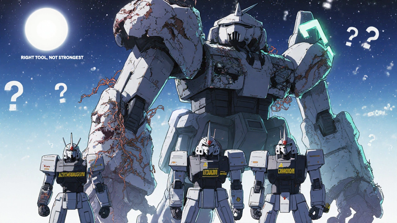 Broken fluoroquinolone mecha surrounded by simpler, efficient antibiotic mechs.