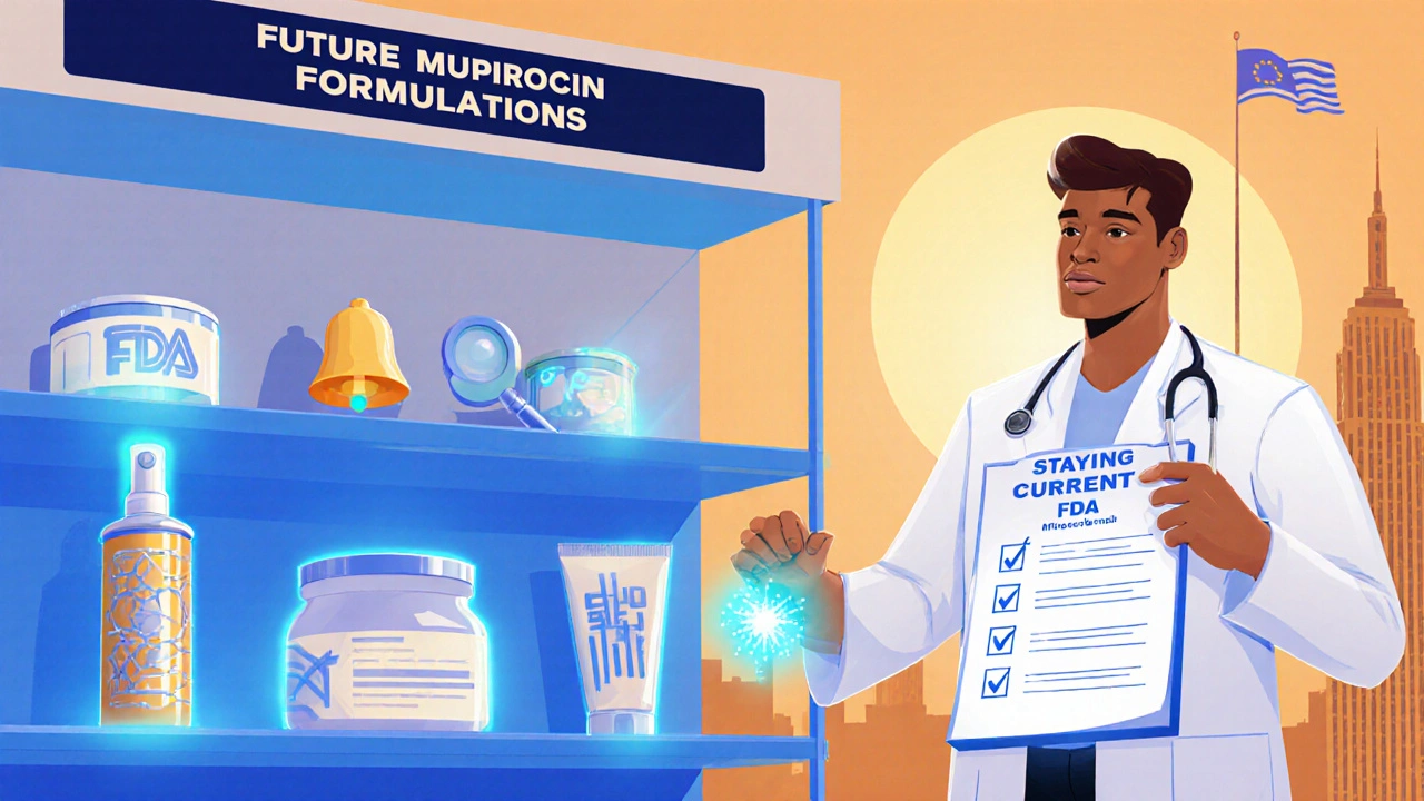Clinician next to futuristic shelf with new mupirocin products, holding a checklist, under hopeful lighting.