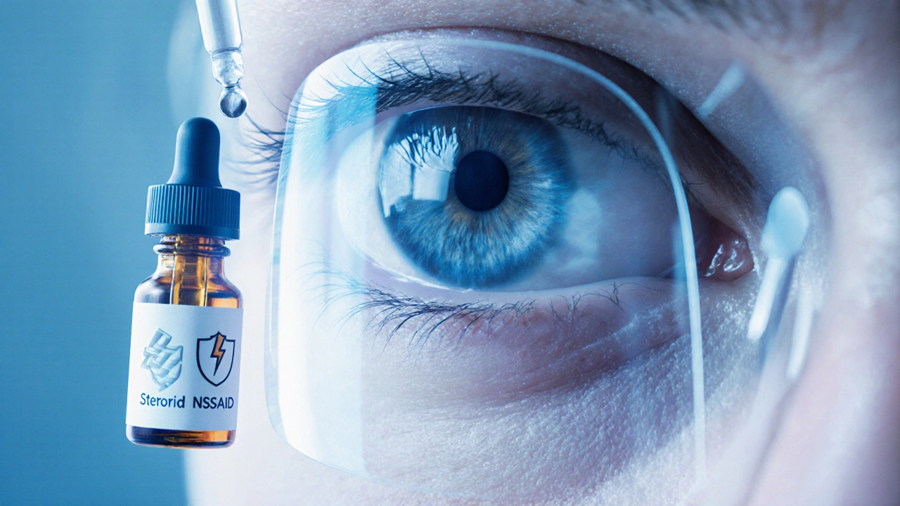 Close‑up of an operated eye with protective shield and two medication dropper bottles nearby.