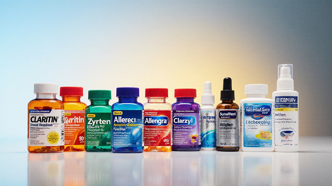 Close‑up of assorted allergy medication bottles arranged on a pharmacy counter.