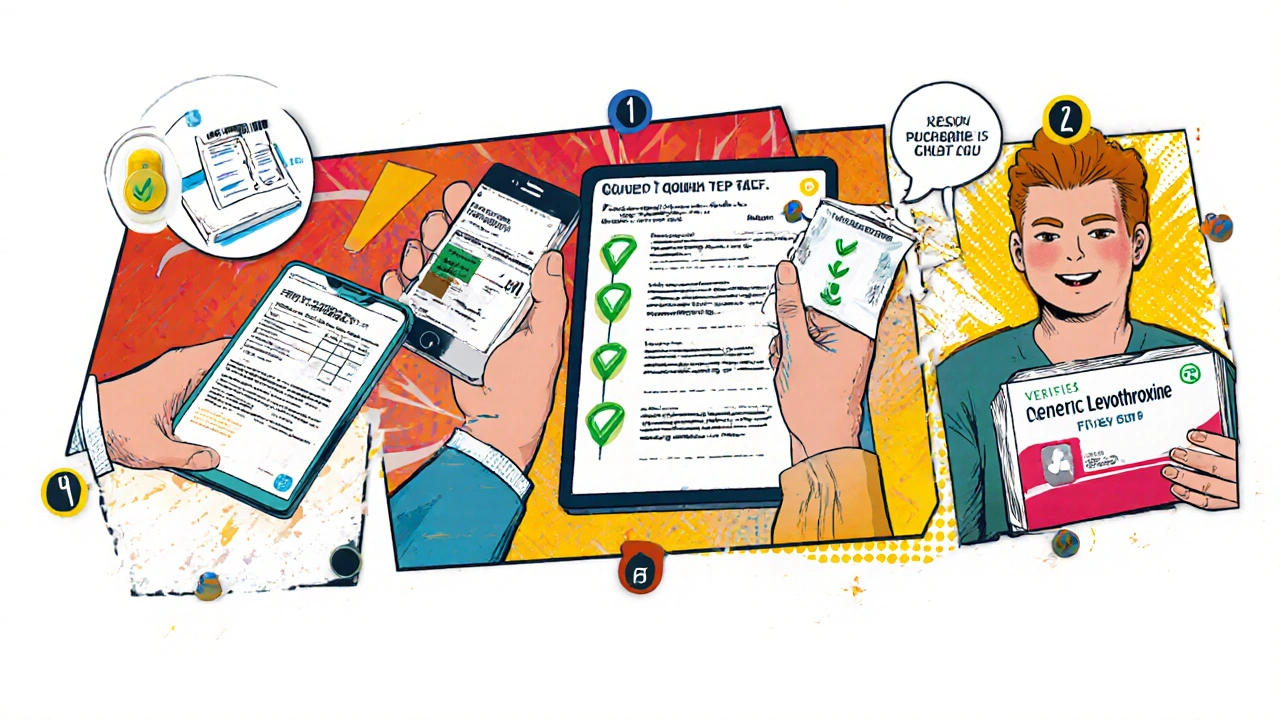 Comic panel showing five steps to safely order generic Synthroid online.