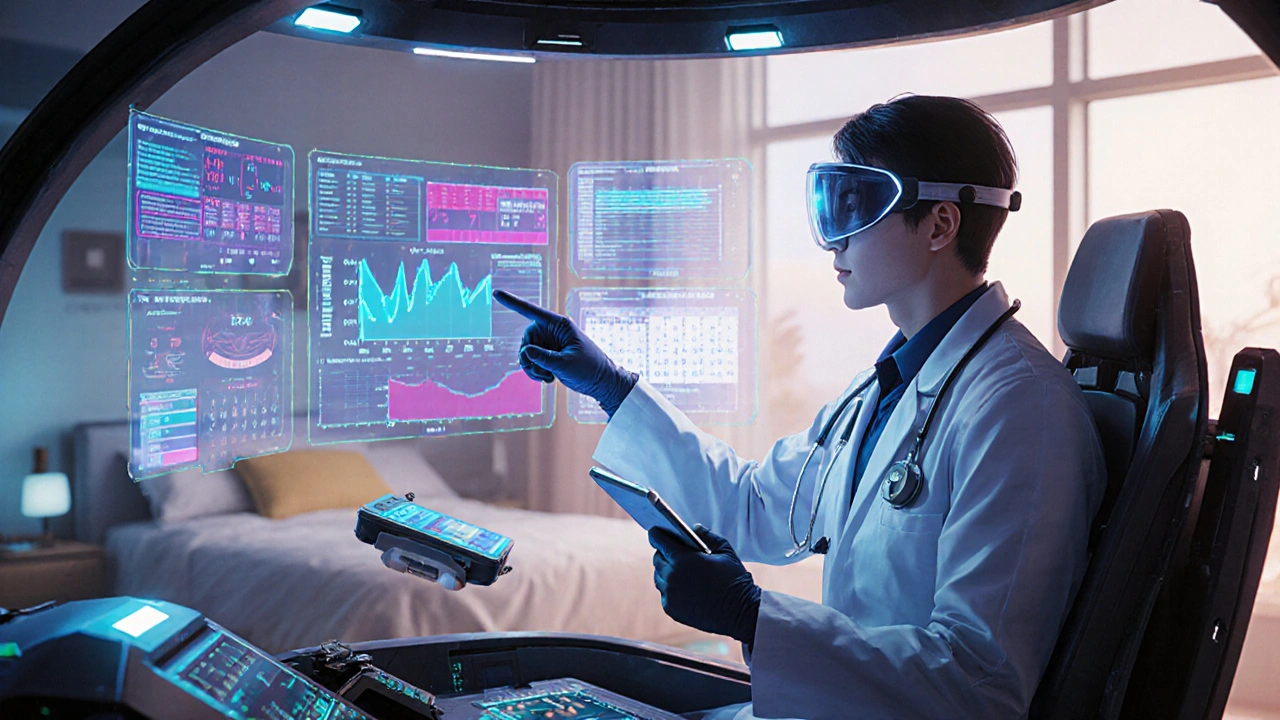 Doctor in a futuristic cockpit reviews holographic lab results for a patient on low‑dose Chlorambucil.