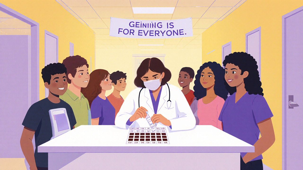 Editorial cartoon of doctor confirming HIV results and people getting routine testing.
