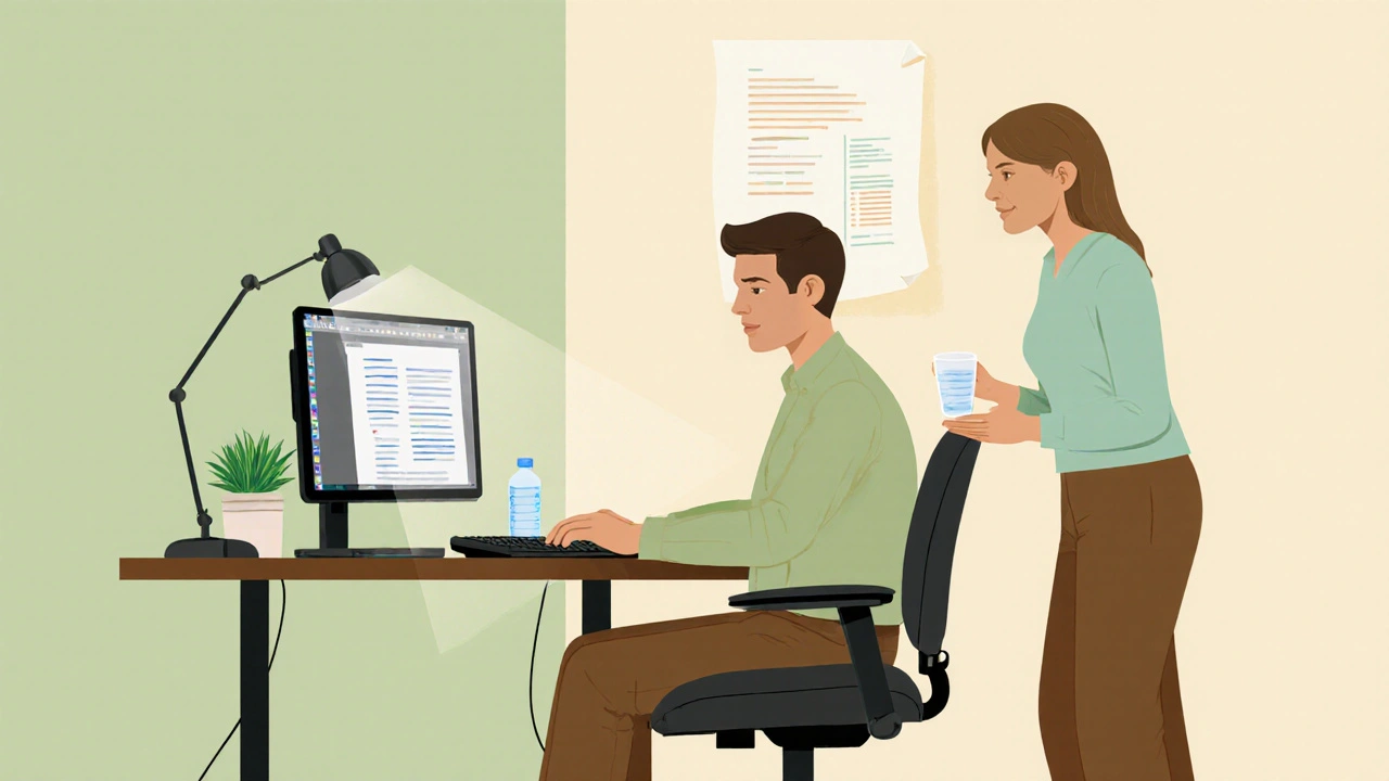 Employee working at an adapted desk receiving support from a colleague.