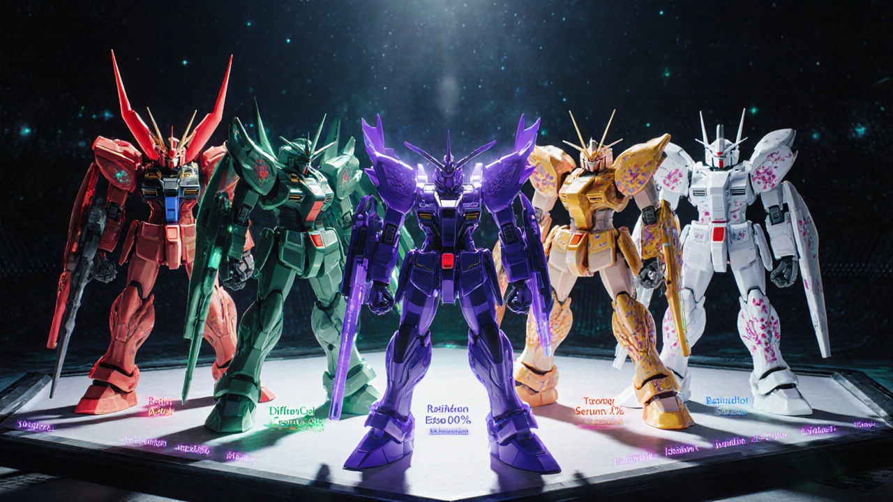 Five distinct retinoid mechas lined up, showing varying strength and irritation levels.