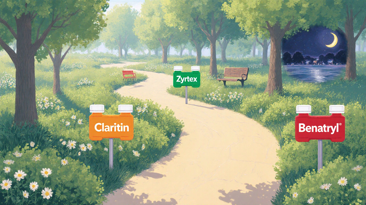 Garden path with three pill‑shaped signposts representing Claritin, Zyrtec, and Benadryl choices.