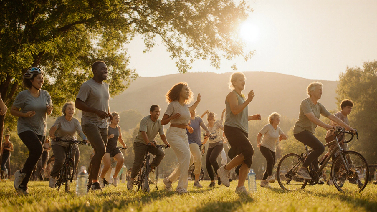 Group of adults enjoying aerobic activities in a sunny park.
