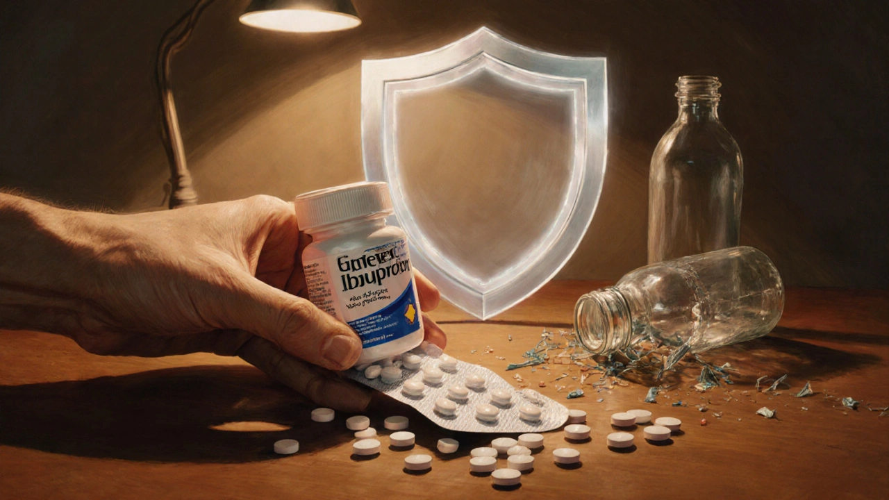 Hand holding bulk ibuprofen pack near a glowing shield, with a broken counterfeit bottle in the background.