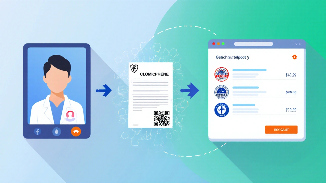 Illustration of telehealth video, digital prescription, and online pharmacy with regulator icons.