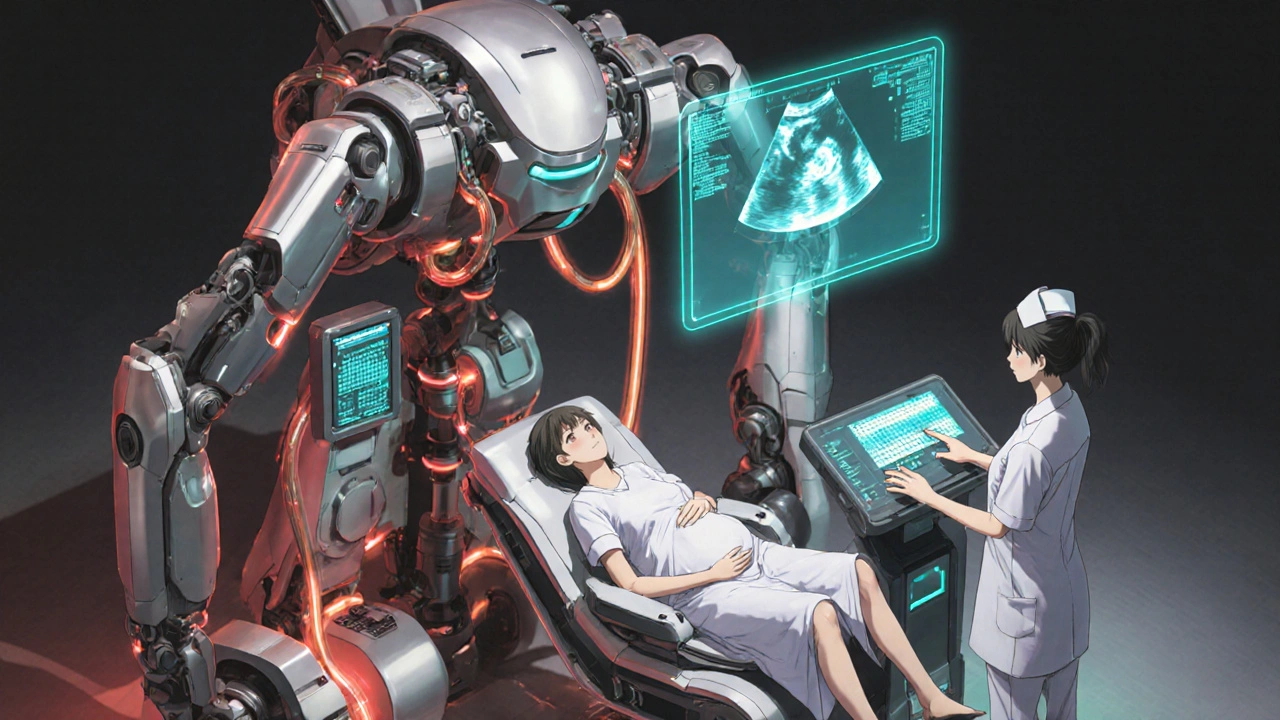 Intensive dialysis machine with robotic arms monitoring a pregnant patient.