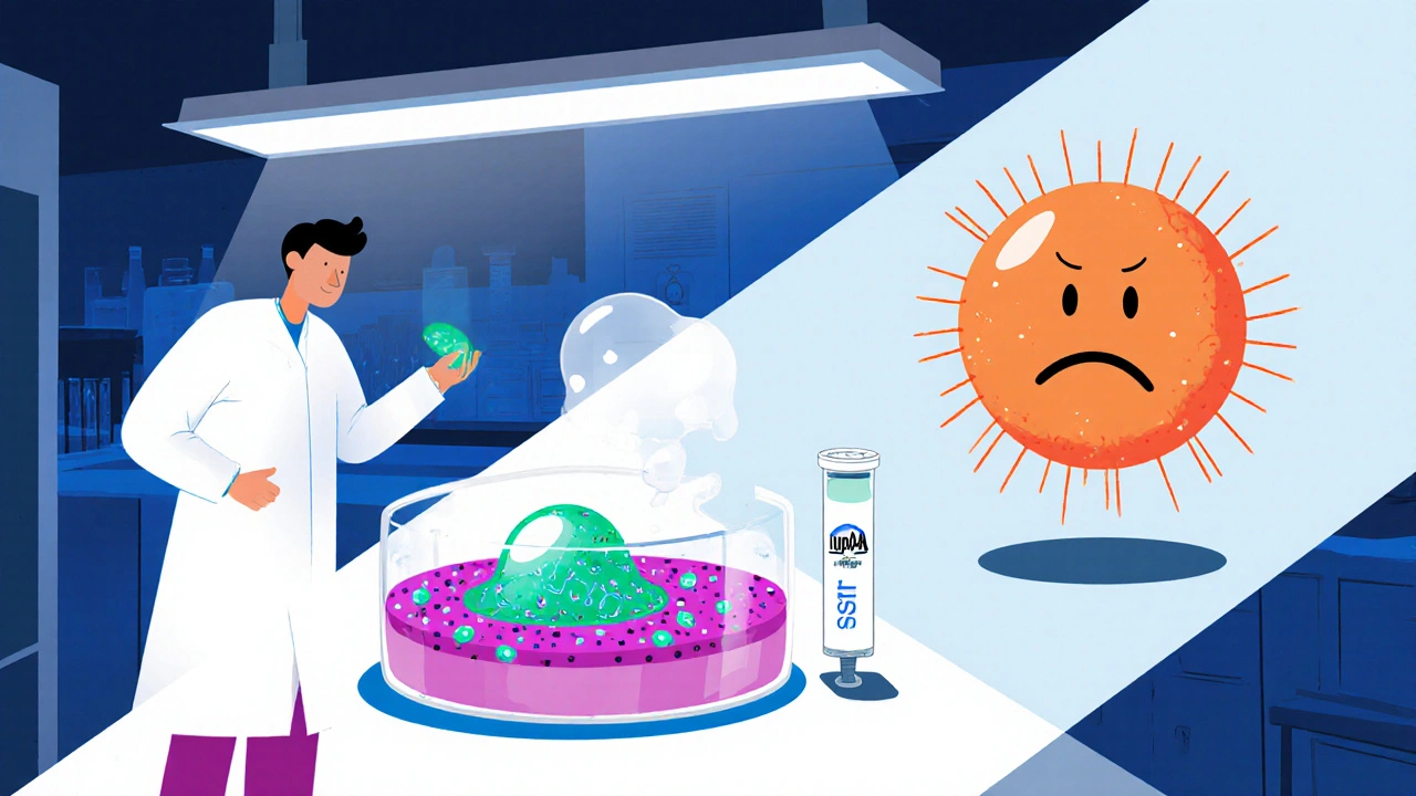 Lab scene with scientists examining nanoparticle gel, liposomal cream, and resistant bacteria carrying a plasmid.