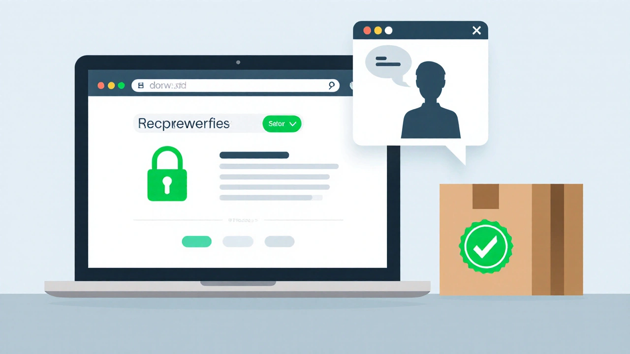 Laptop displaying a secure site with padlock, pharmacist chat bubble, and a delivery box with green checkmark.