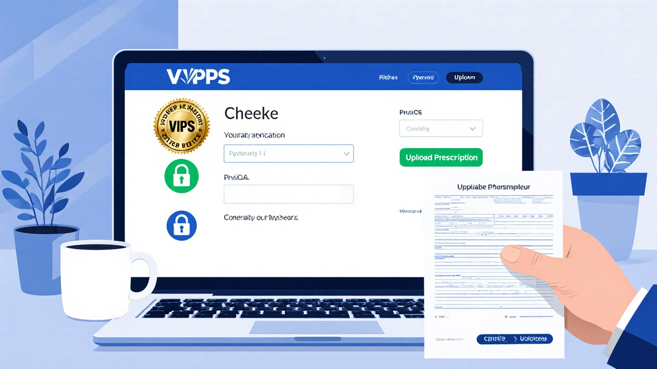 Laptop screen showing a secure online pharmacy page with VIPPS seal and lock icon.