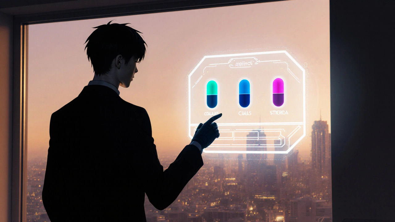 Man in a soft‑lit room viewing holographic pill‑mecha icons for decision.