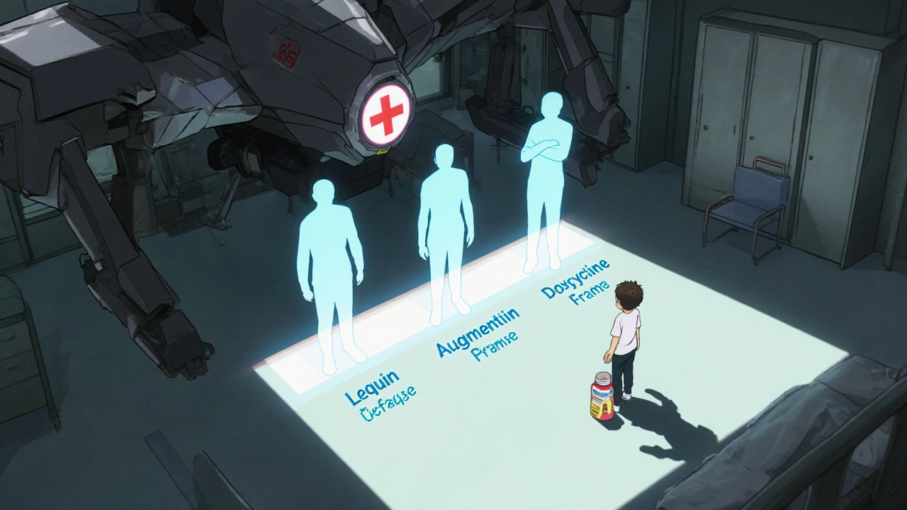 Medical drone projecting holograms of antibiotics beside a patient holding a pill bottle.