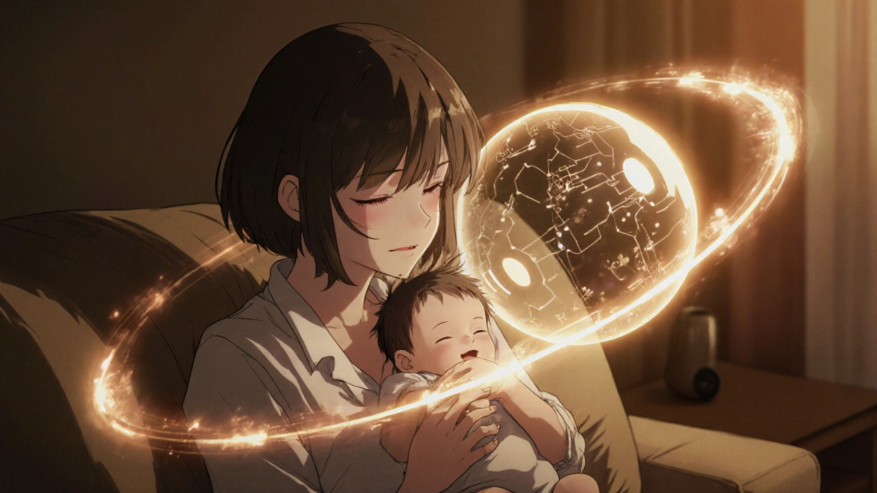 Mother nursing baby under a gentle protective mecha aura.