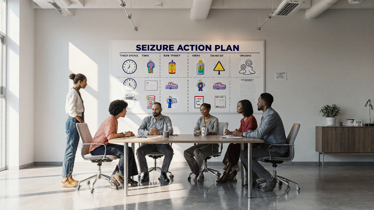 Office team reviewing a seizure action plan poster during a training session.