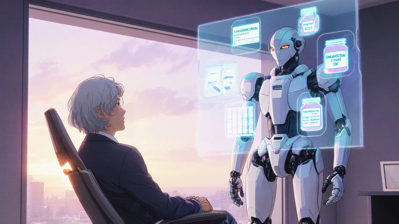 Older patient consulting a pastel mecha hologram with alternative medication icons.