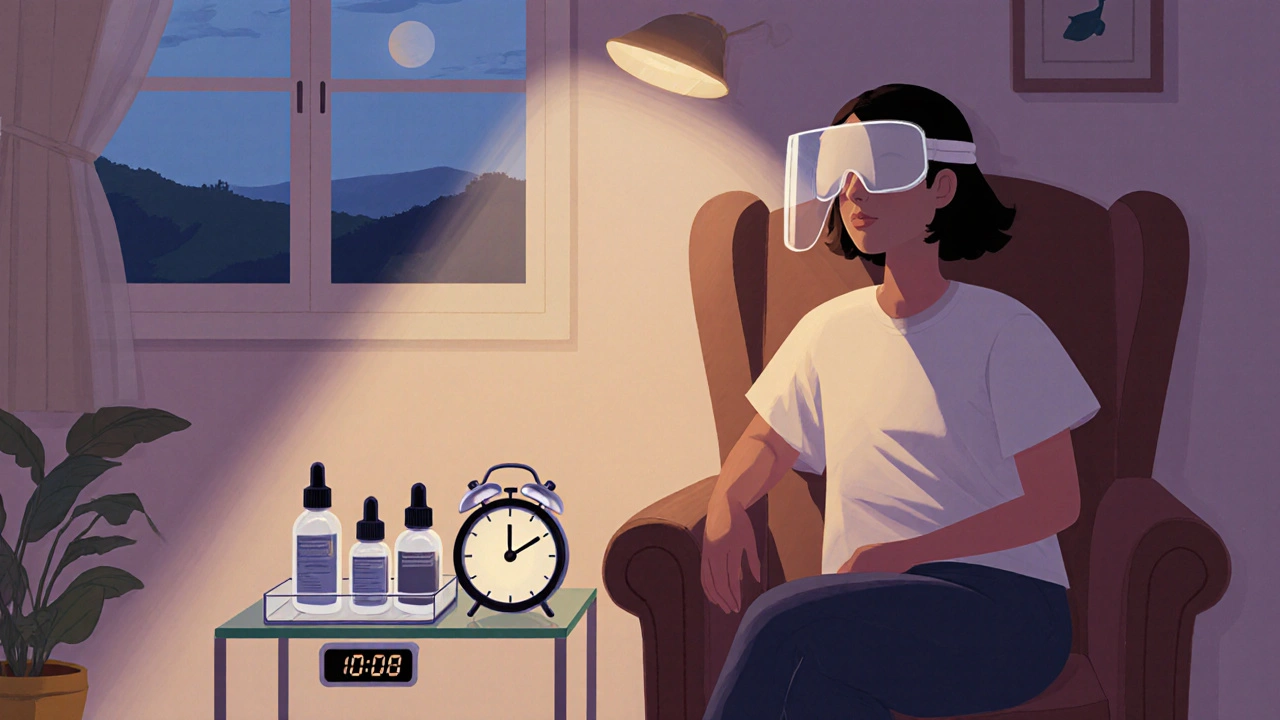 Patient at home wearing eye shield, with eye‑drop bottles and a subtle alarm reminder.