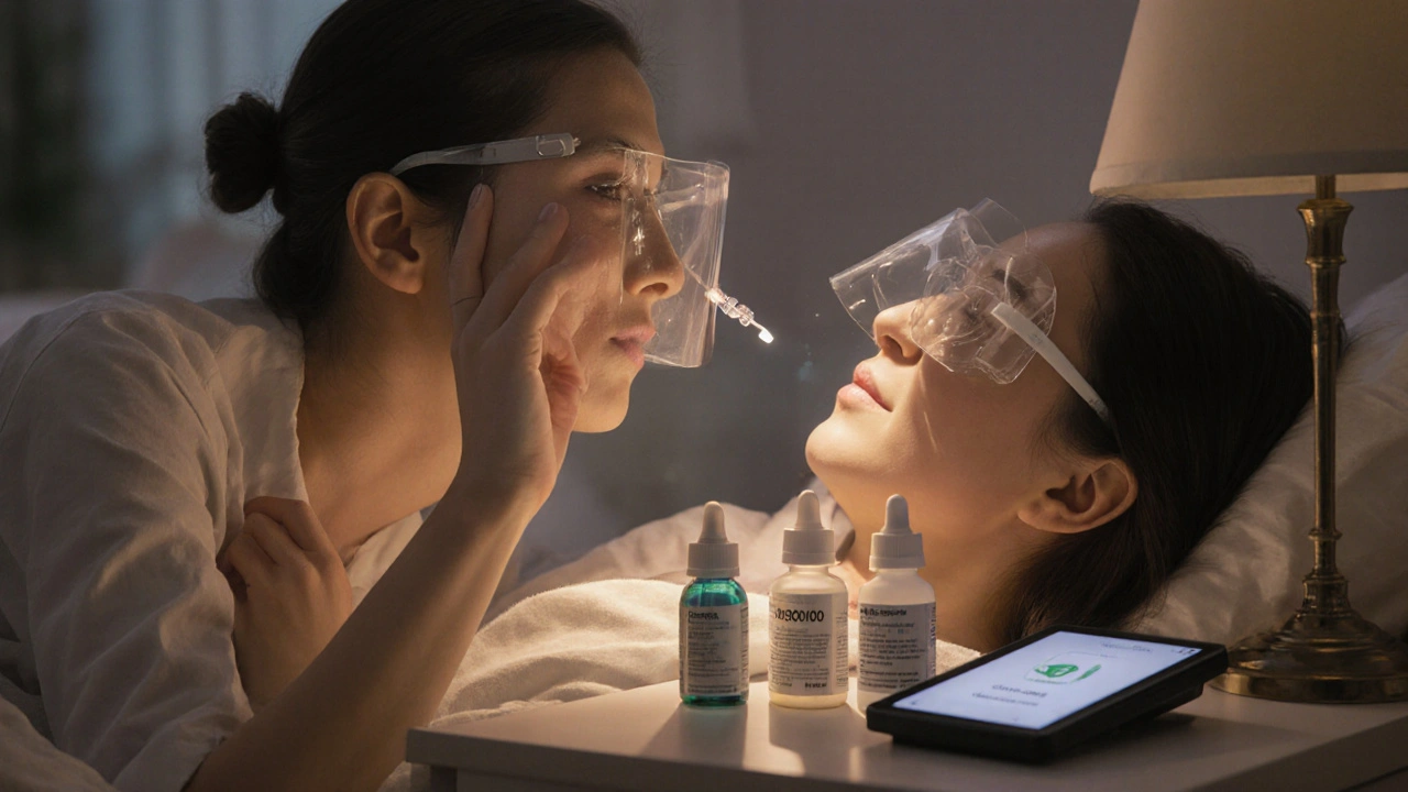 Patient resting with eye shield while a hand applies drops, surrounded by medication bottles.