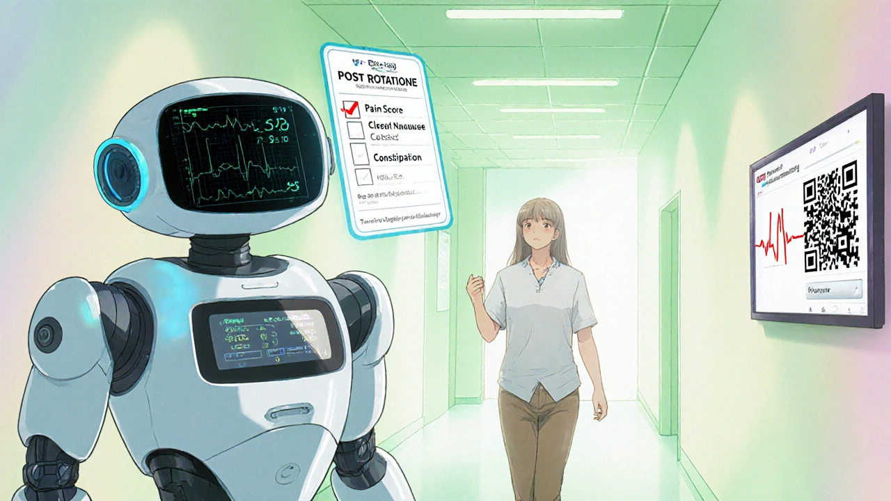 Patient walking with a medical mecha robot, HUD displaying improved pain score and normal ECG.