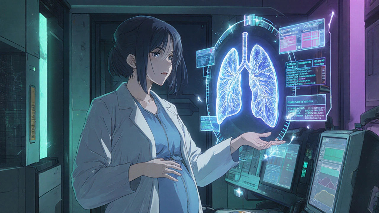 Pregnant researcher viewing holographic lung safety data.