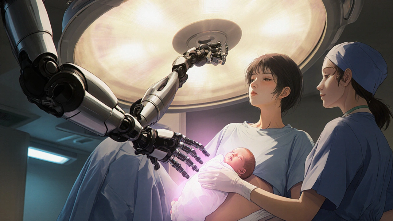 Robotic-assisted delivery showing mother, newborn, and advanced surgical equipment.