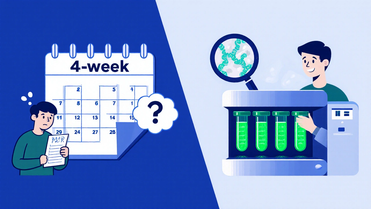 Split‑panel cartoon showing a 4‑week calendar and a PCR machine detecting early HIV.