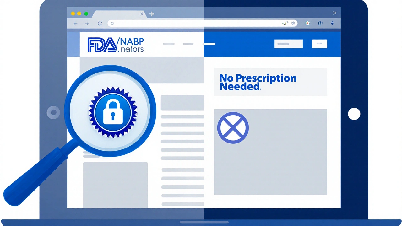 Split tablet view comparing verified pharmacy with padlock to shady site without verification.
