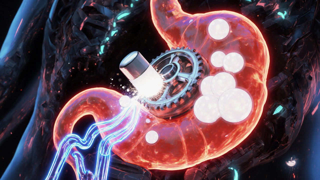 Tablet turns into a rotor reacting in acid, releasing bubbles and calcium ions.