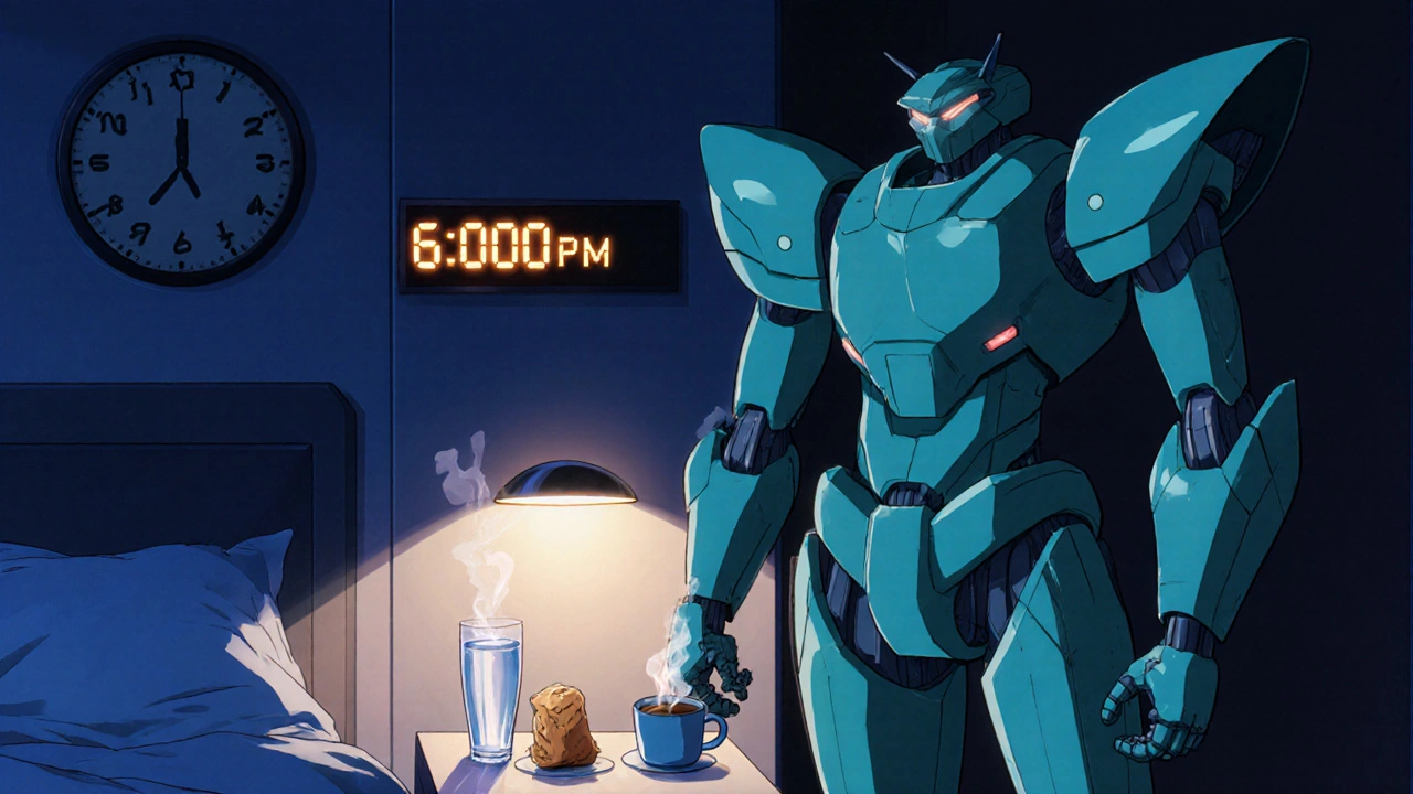 Teal mecha next to water, snack, and coffee beside a clock showing 6 PM.
