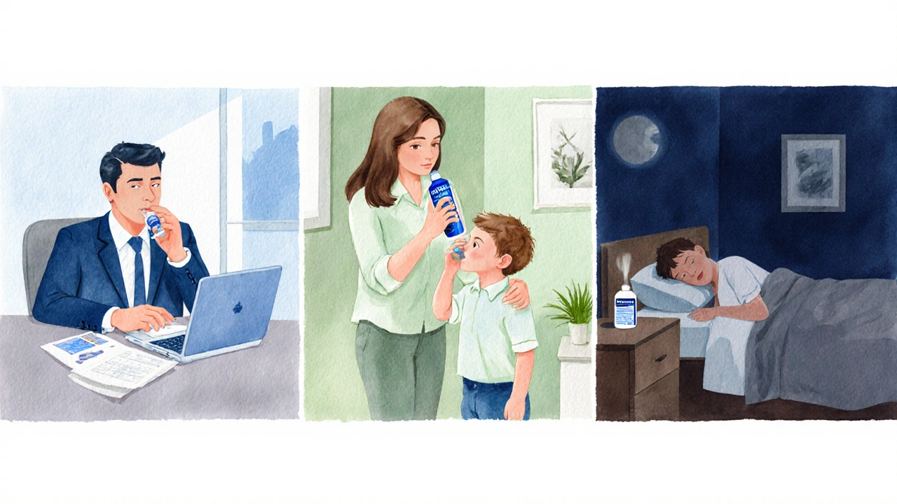 Three watercolor panels showing Claritin at work, Nasalcrom for a child, Benadryl at night.