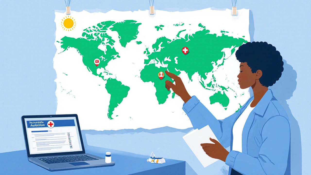 Traveler planning trip on world map with climate, altitude, and hospital icons.