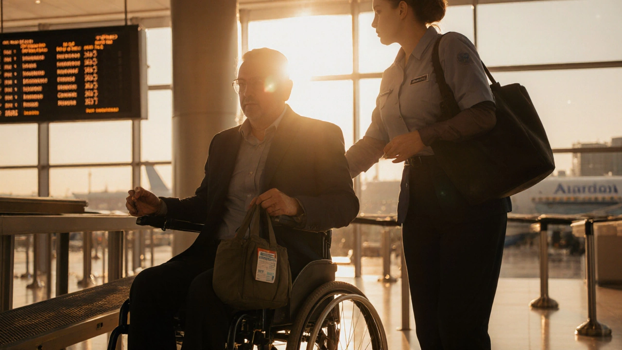 Traveler with wheelchair assisted at airport gate, ready to board.