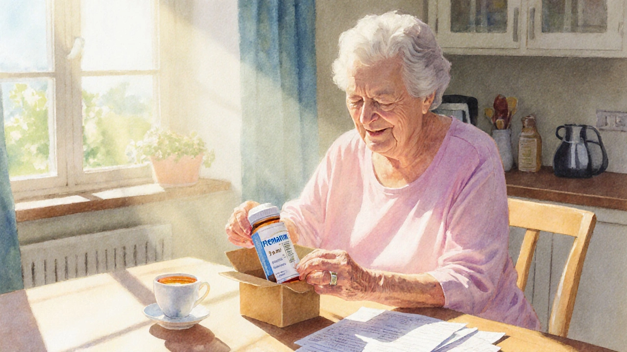 Woman opening a package of generic Premarin tablets at home, looking relieved.
