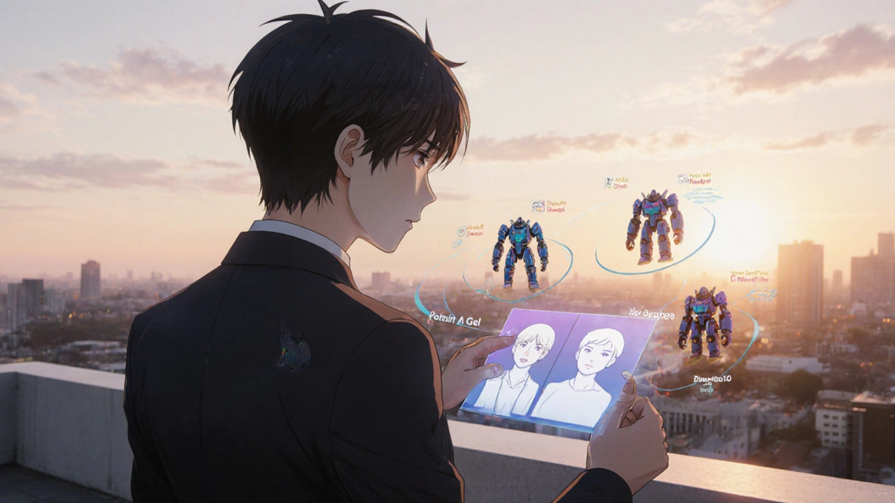 Young adult choosing among retinoid mecha icons on a sunrise rooftop holo‑display.