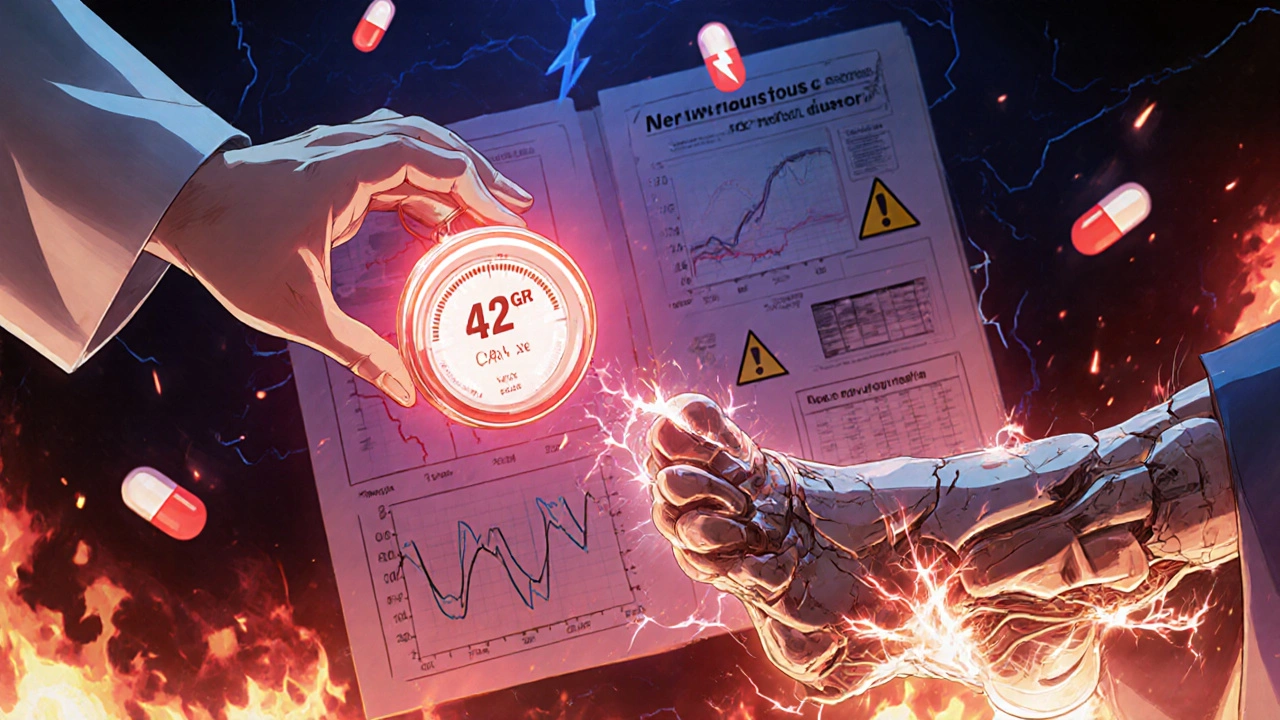 A doctor stopping a red flashing 42-gram counter as a foot transforms into a sparking mechanical limb.