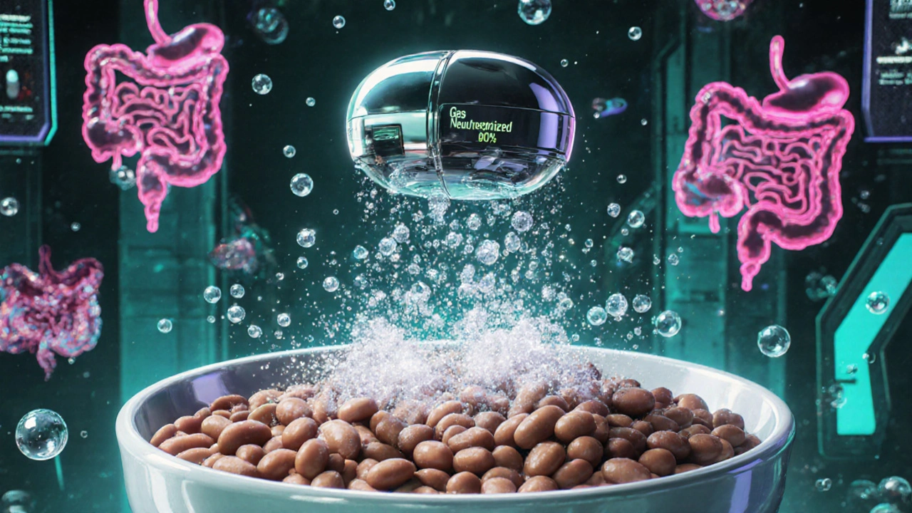 A futuristic capsule releasing dissolving bubbles above gas-producing foods.