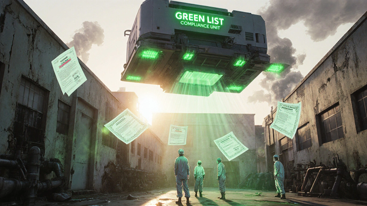 A futuristic Indian factory is scanned by a Green List Compliance Unit, emitting green light as audit data floats in the air.