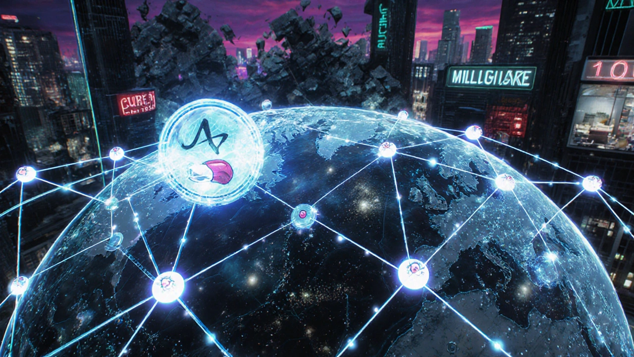 A global network of glowing DAA pills connecting clinics worldwide, with collapsing virus towers in the background.