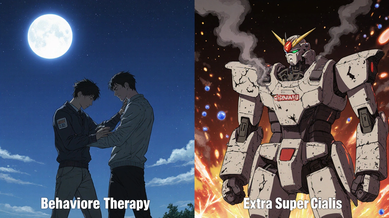 A man in a therapy mech suit trains calmly beside a partner, while another man&#039;s dangerous pill mech sparks and fails.