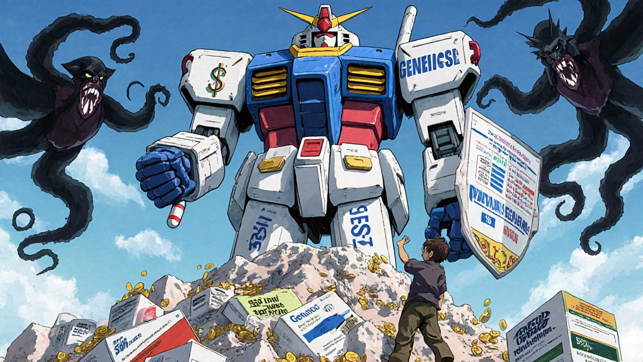 A massive Medicaid Generics mech crushes expensive brand-name drugs while offering affordable generics to a child.