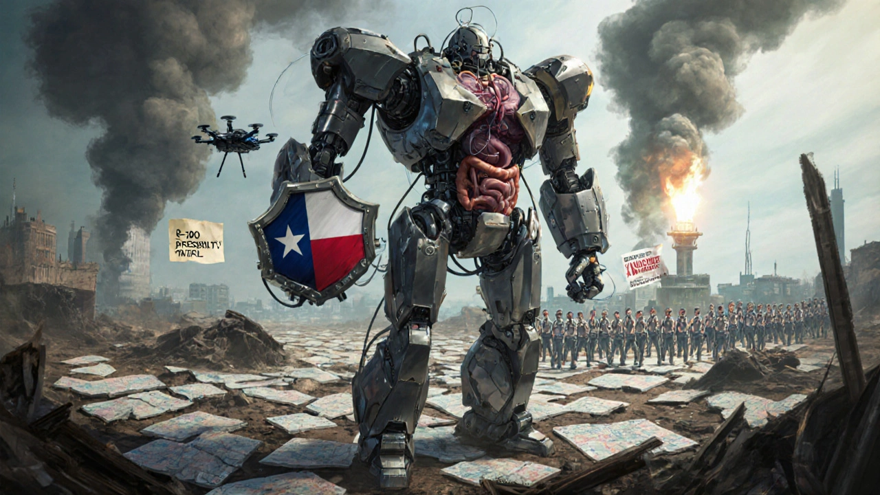 A mechanical patient stands amid state law maps, guarded by a &#039;No Substitution&#039; shield.