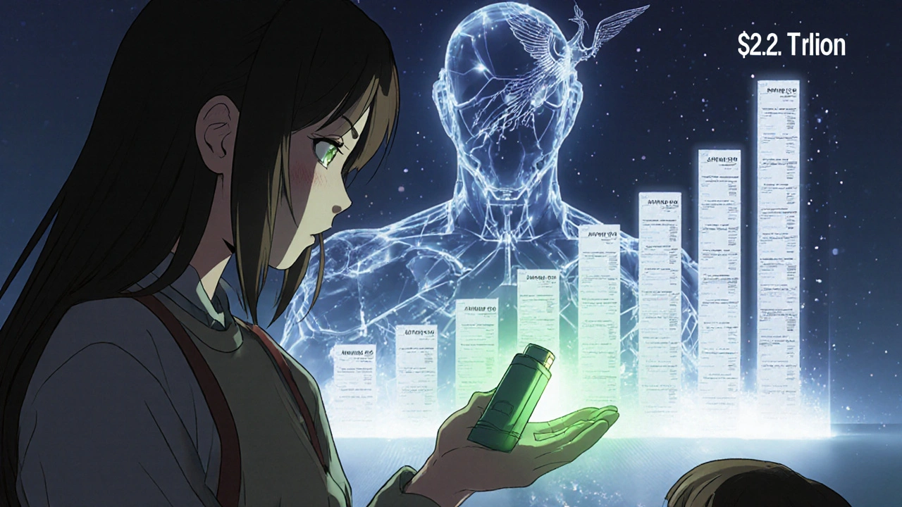 A mother gives her daughter a low-cost asthma inhaler, surrounded by fading bureaucracy and rising healthcare savings.